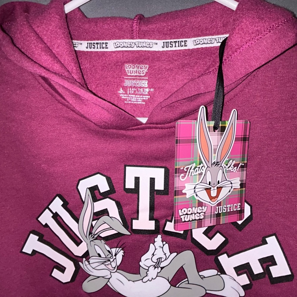 Girls Hoodie Pull Over Justice Bugs Bunny Magenta Colorblock Size L 12/14 NEW - Picture 3 of 7